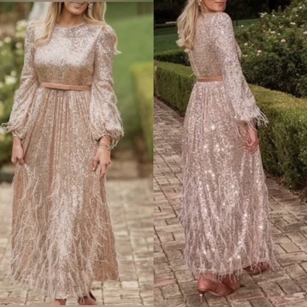 NWT Antonio Melani x Nicola Bathie Nicola Sequin Feather Detail Maxi Dre…